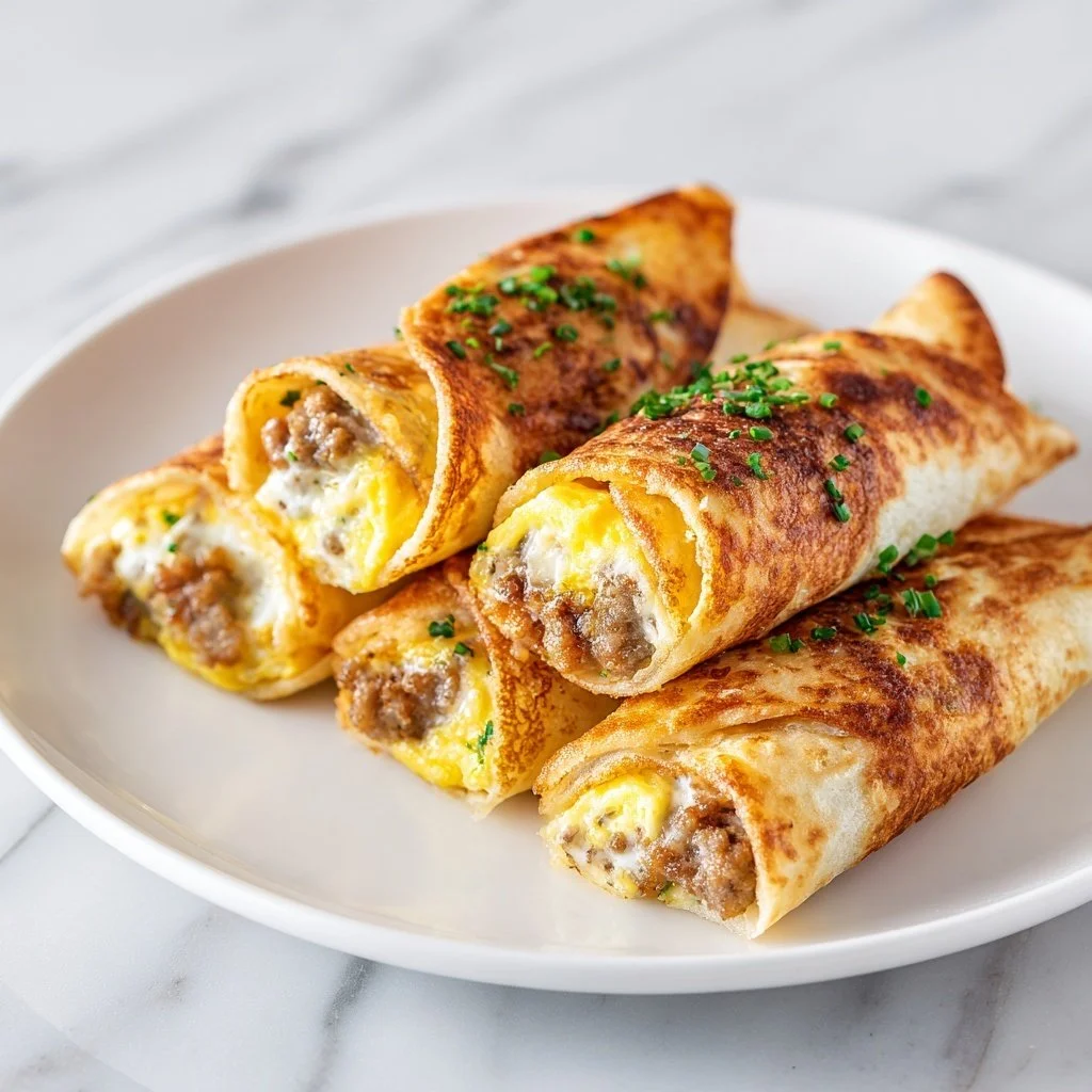 Sausage egg breakfast roll-ups on a plate with fresh herbs