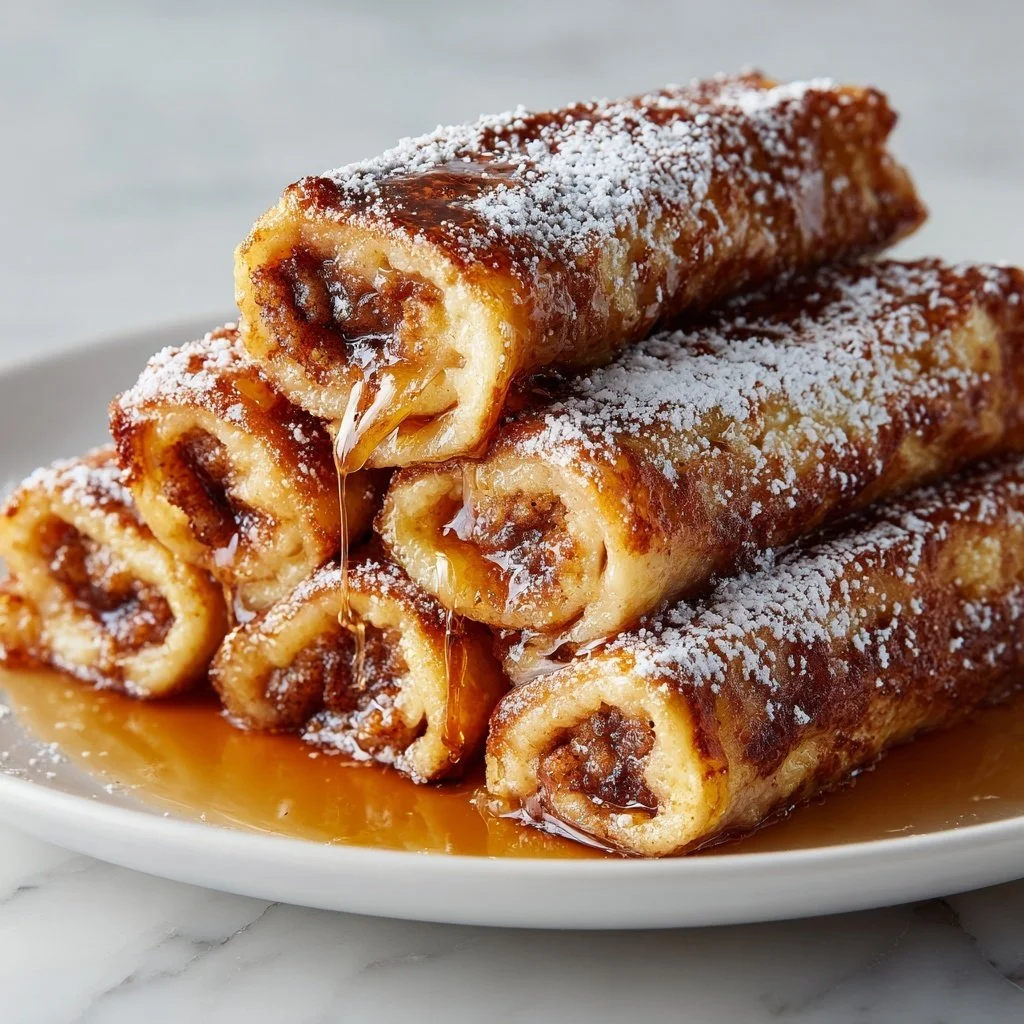 Sausage French Toast Roll-Ups served with syrup and berries