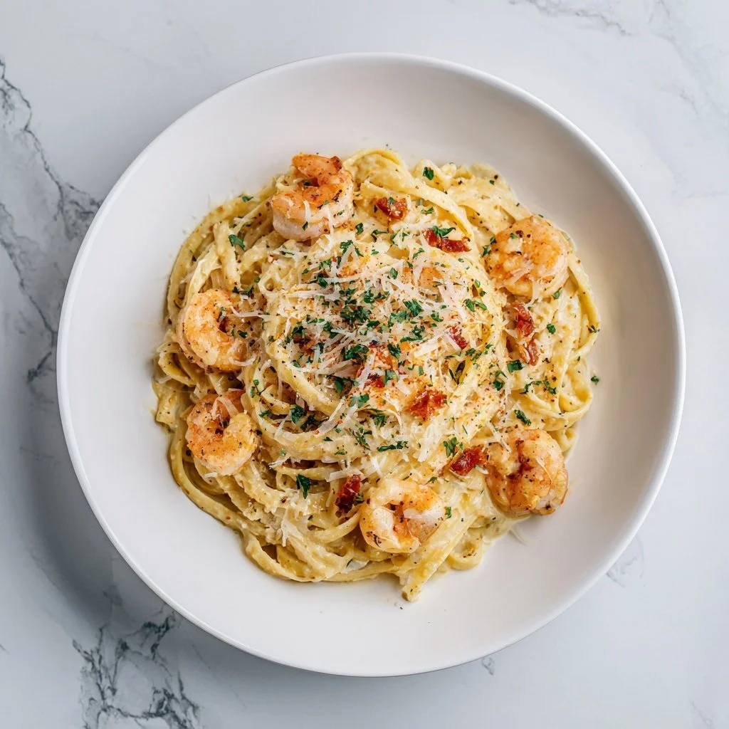 Creamy Shrimp Alfredo pasta dish with shrimp and sauce served in a bowl