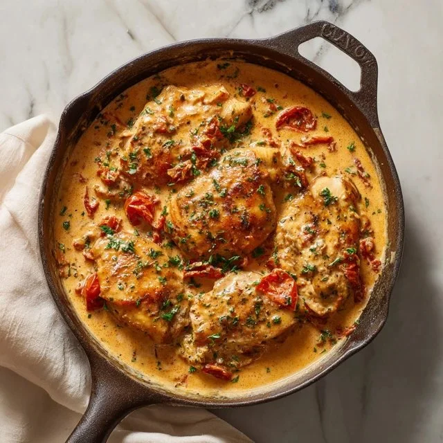 Skillet chicken in creamy sun-dried tomato sauce served on a plate