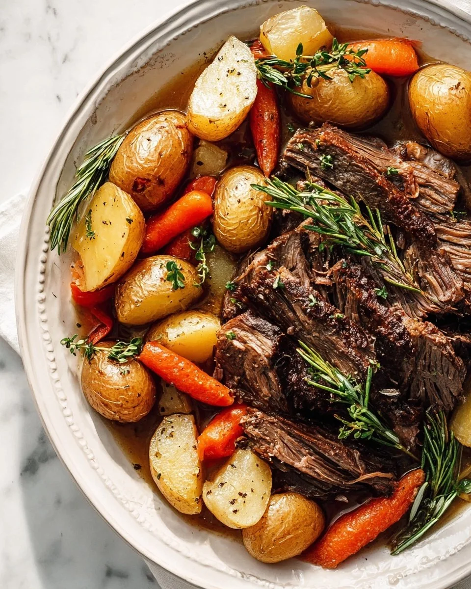 Delicious slow cooker pot roast served with vegetables on a plate