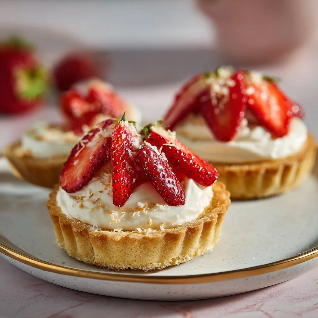 Delicious Strawberry Coconut Tarts garnished with fresh strawberries and coconut flakes
