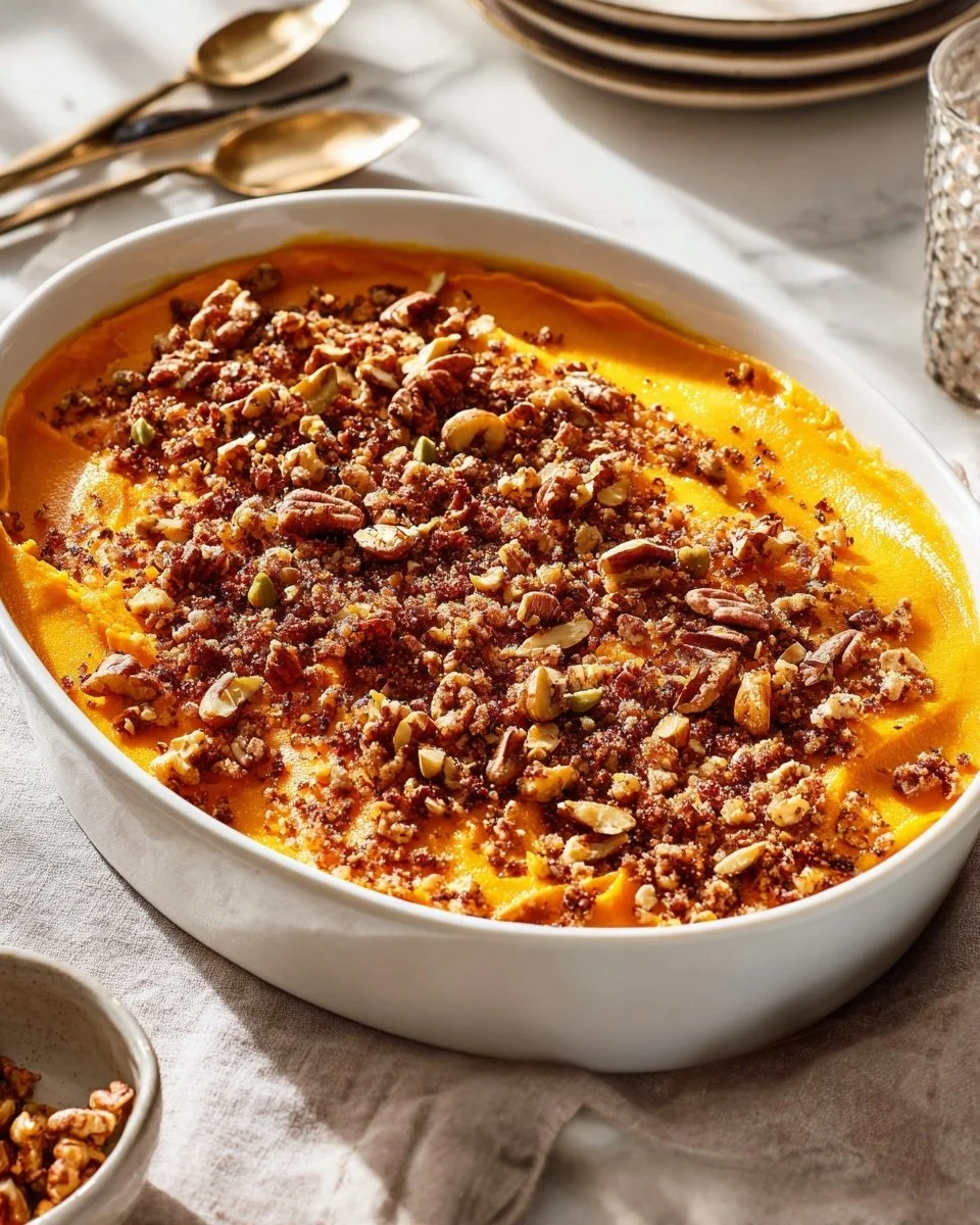 Delicious sweet potato casserole topped with marshmallows and pecans