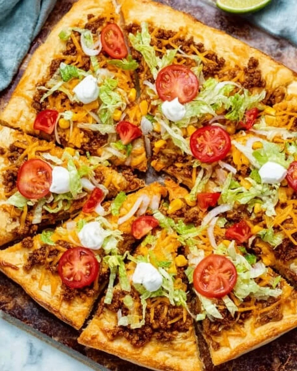 Taco Pizza made with Crescent Rolls, topped with beef, cheese, and fresh veggies