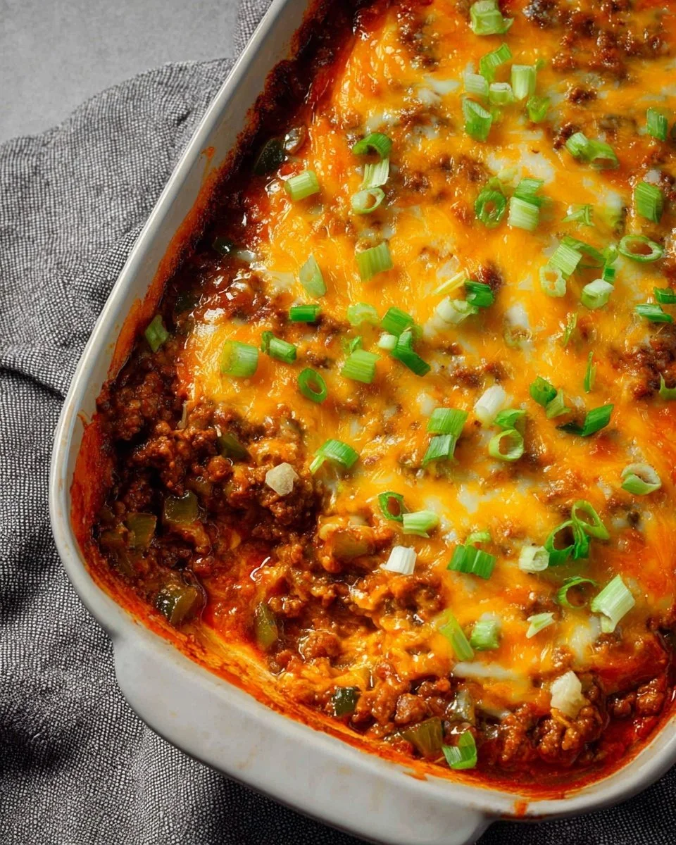 Delicious Taco Potato Casserole topped with cheese and fresh toppings.