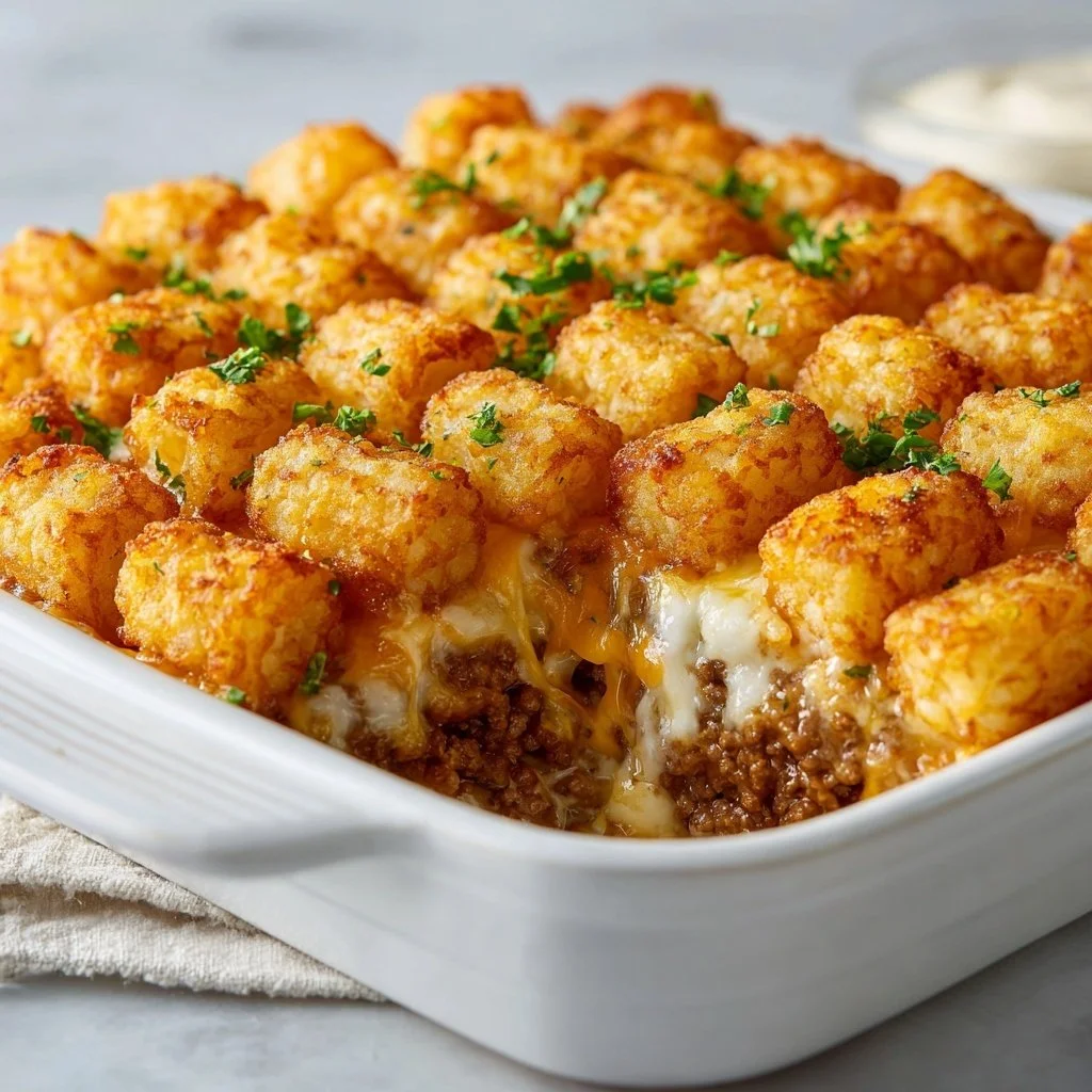 Delicious Tater Tot Casserole topped with melted cheese and crispy tots
