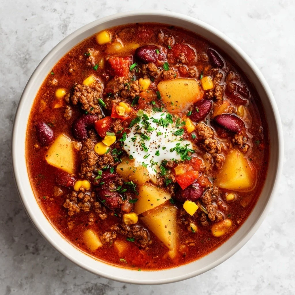 Bowl of Texas Cowboy Stew with beef, beans, and vegetables