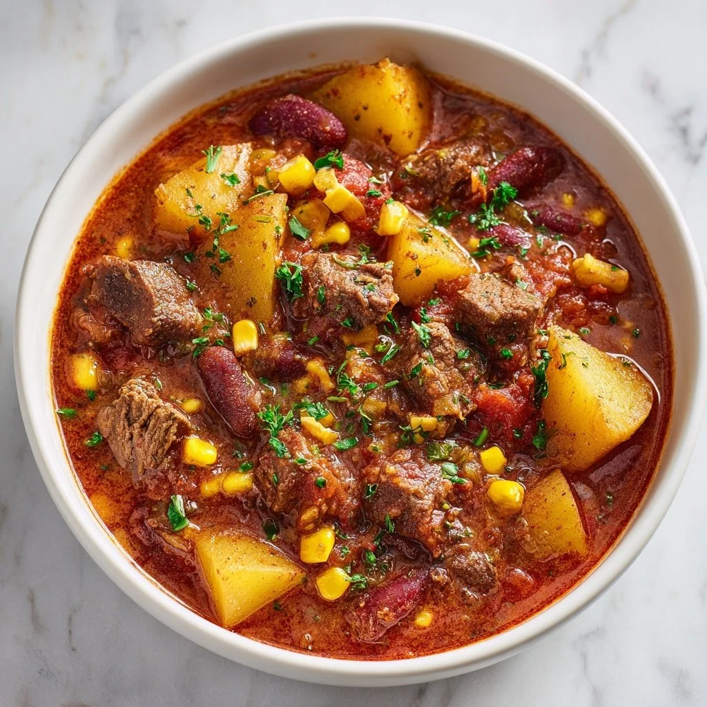 A bowl of Texas Cowboy Stew filled with beef, beans, and colorful vegetables.