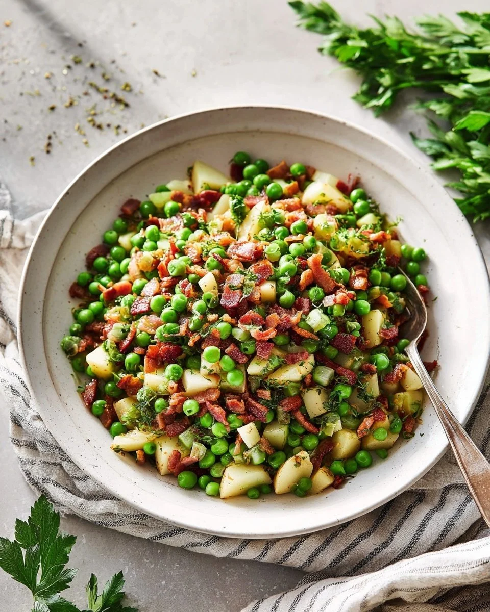 Delicious Thanksgiving peas with pear and pancetta in a festive serving dish.