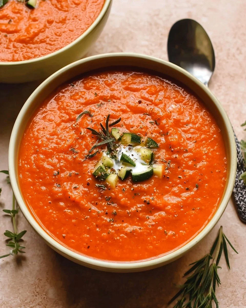 Bowl of fresh Tomato Zucchini Soup garnished with herbs