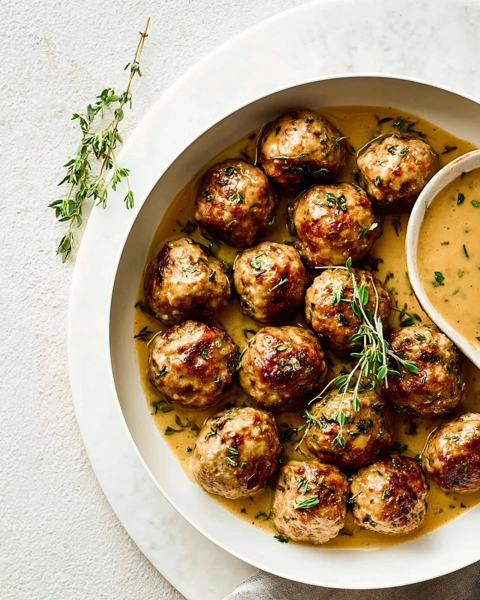 Turkey meatballs drizzled with maple mustard sauce on a plate