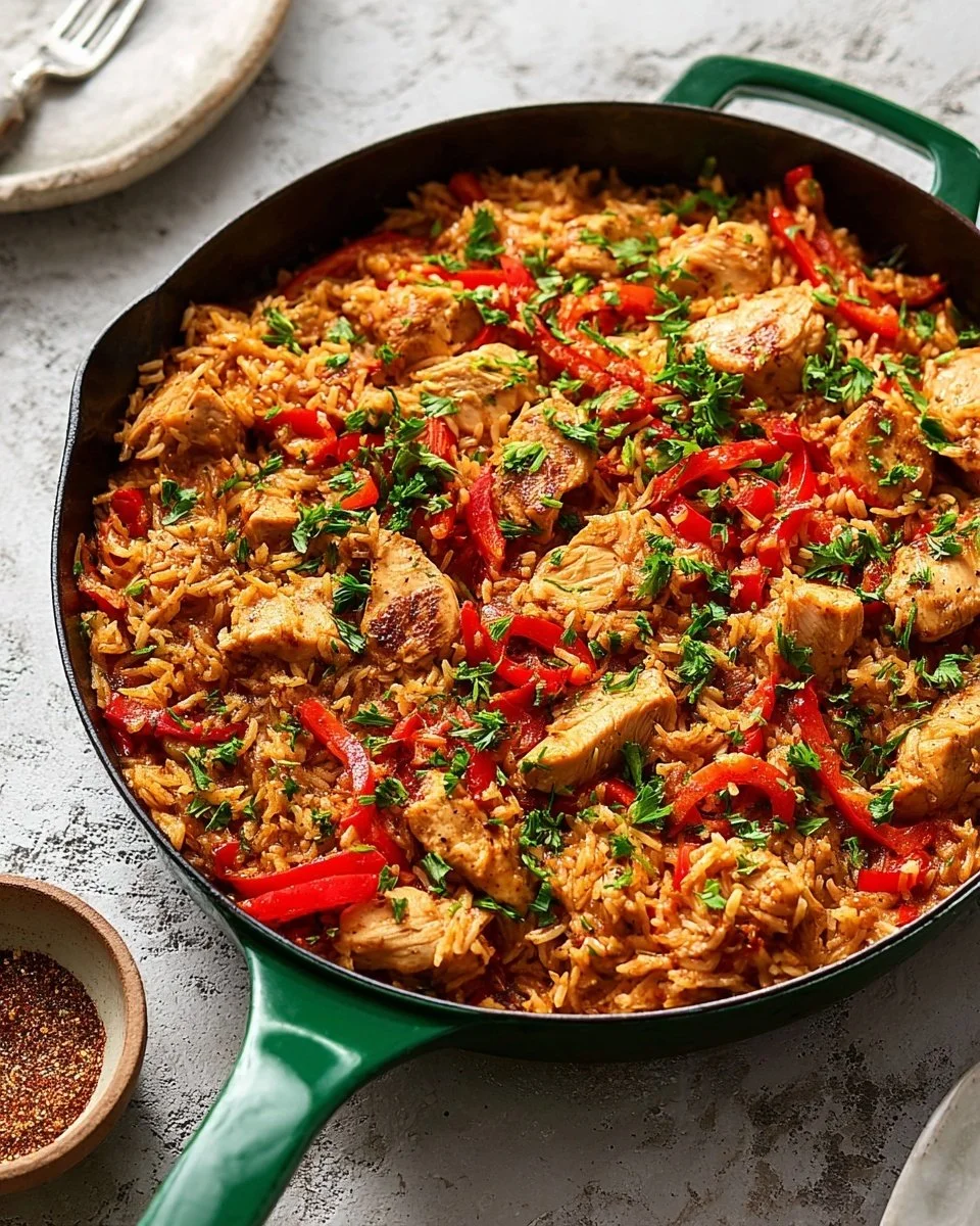 30 Minute One Pan Chicken and Rice dish served in a skillet