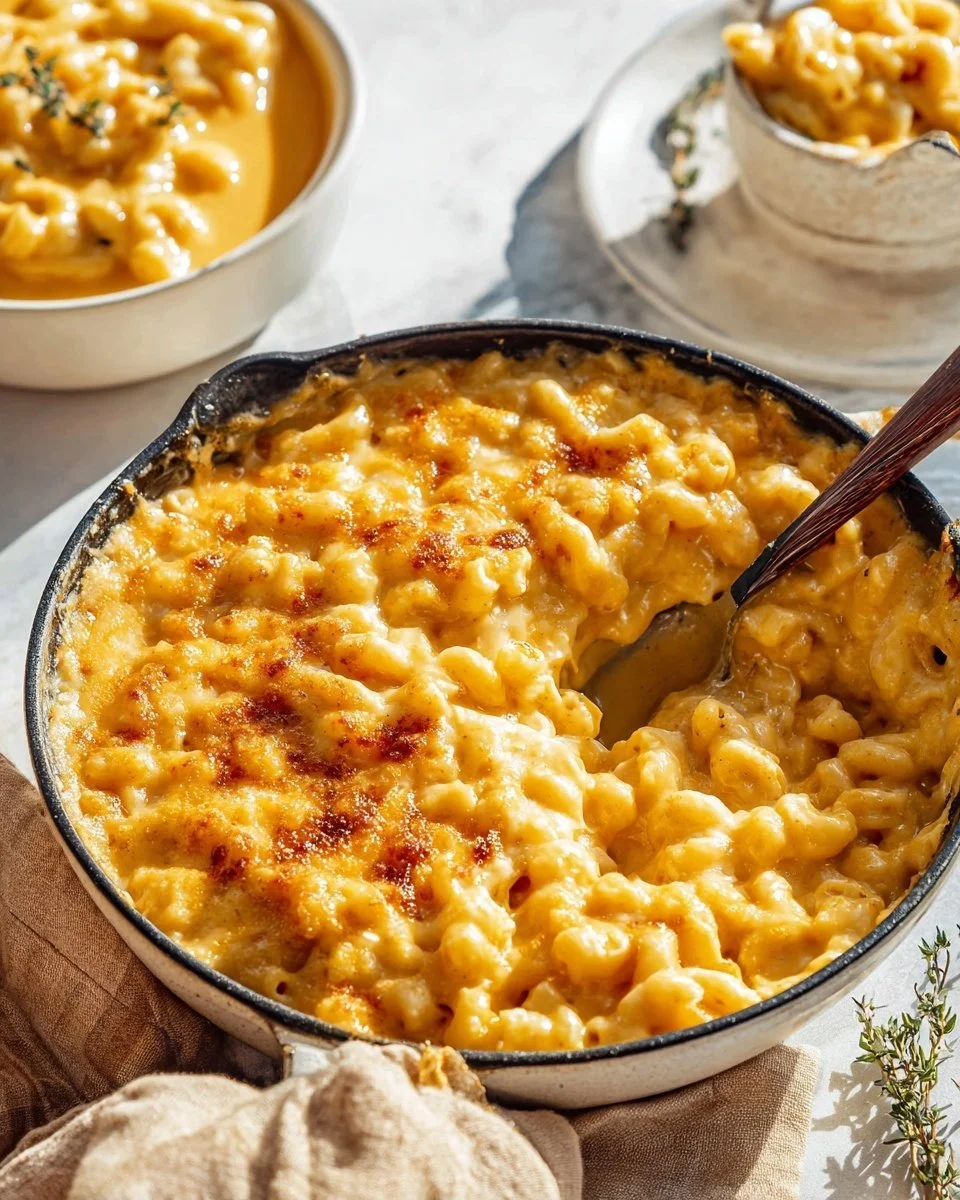 Delicious baked mac and cheese topped with golden breadcrumbs and cheese