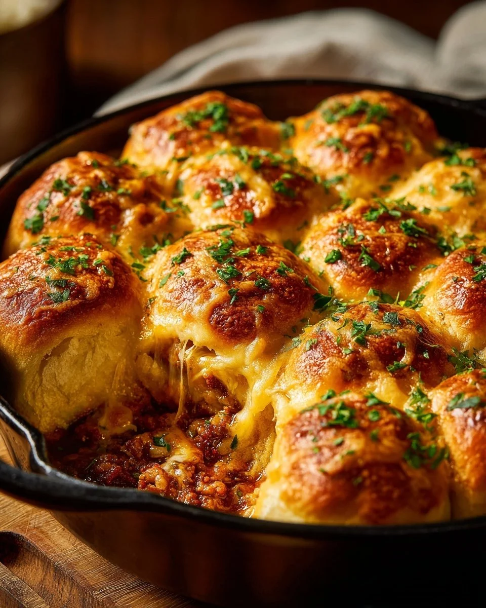 Delicious beef slider casserole served in a dish with cheesy topping and fresh herbs.