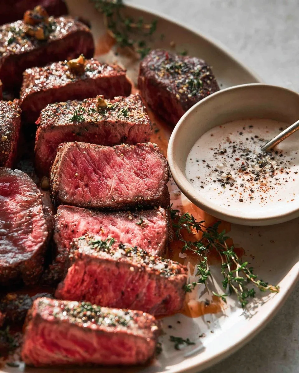 Perfectly cooked beef tenderloin on a plate, garnished and ready to serve.