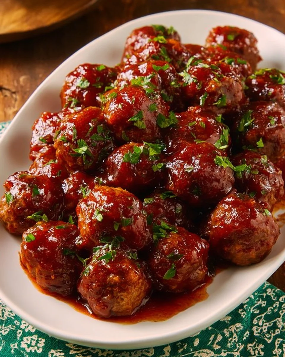 Delicious cocktail meatballs served on a platter at a party.
