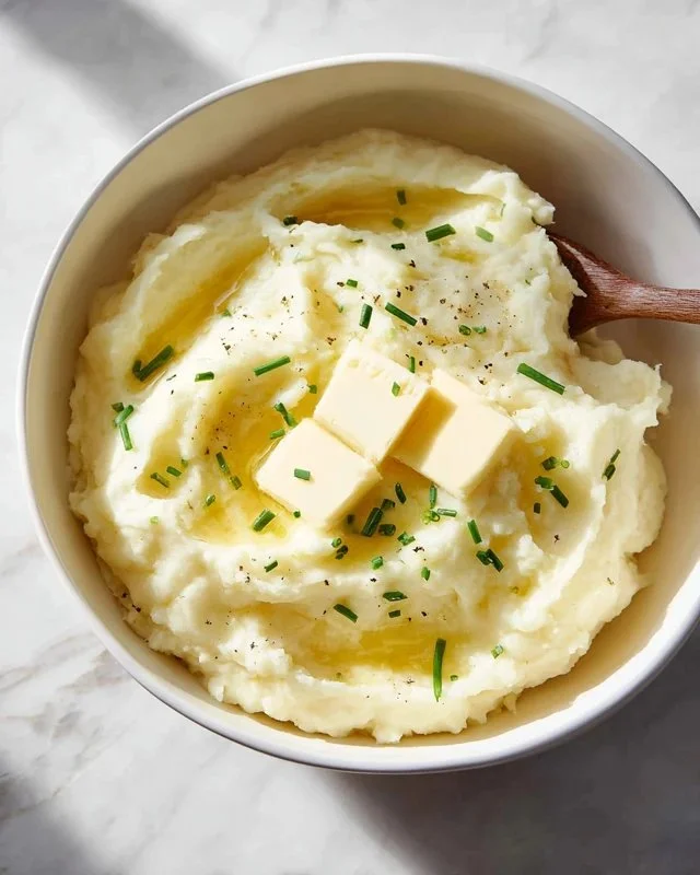 Delicious bowl of creamy mashed potatoes garnished with herbs