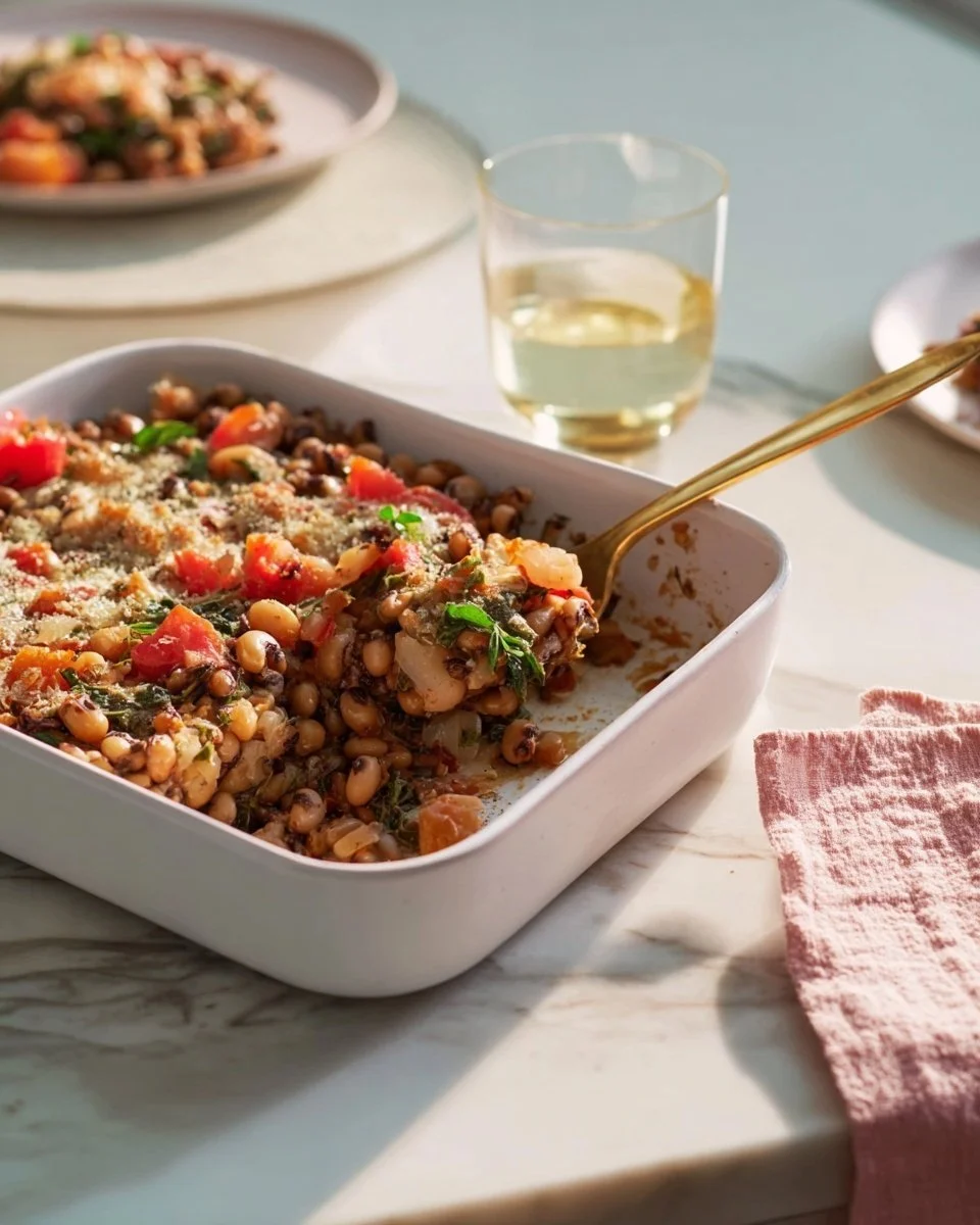 Delicious Black-Eyed Pea Casserole baked in a dish, garnished with herbs.