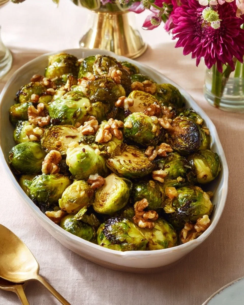 Brussels sprouts with balsamic reduction and walnuts on a white plate.