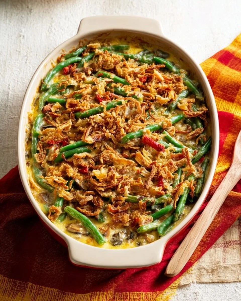 Cajun Green Bean Casserole topped with crispy onions and spices