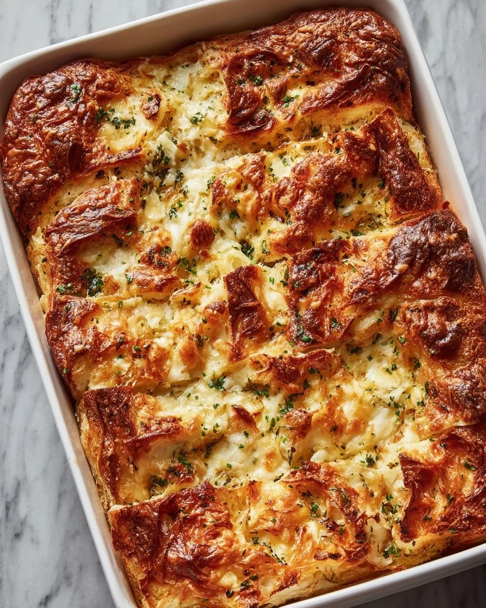 Cheesy croissant casserole topped with melted cheese and herbs