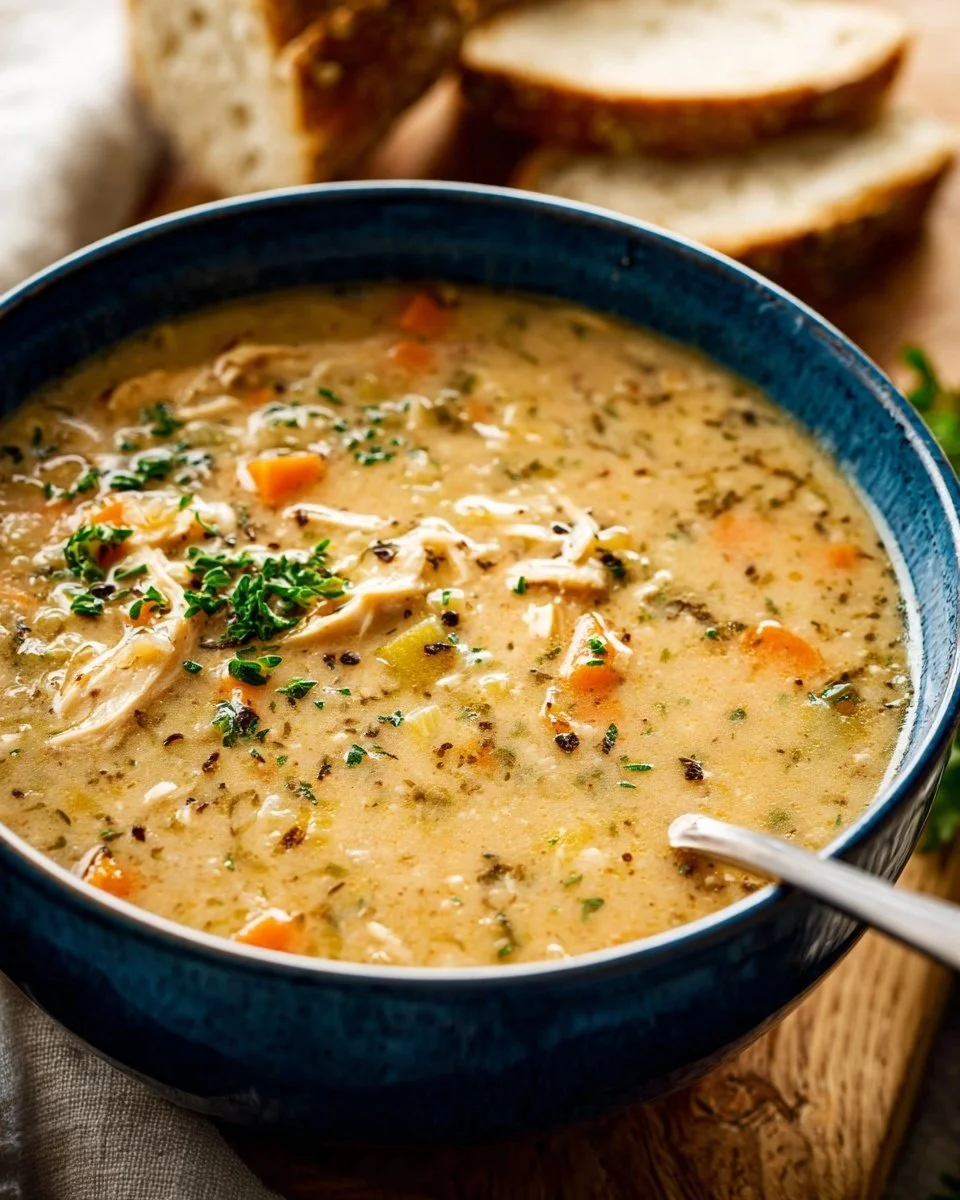 Bowl of Chicken Wild Rice Soup garnished with herbs and vegetables.