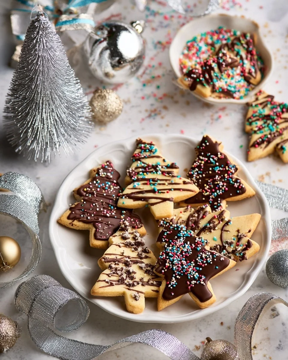 Chocolate-dipped cinnamon shortbread cookies on a plate, ready to enjoy.