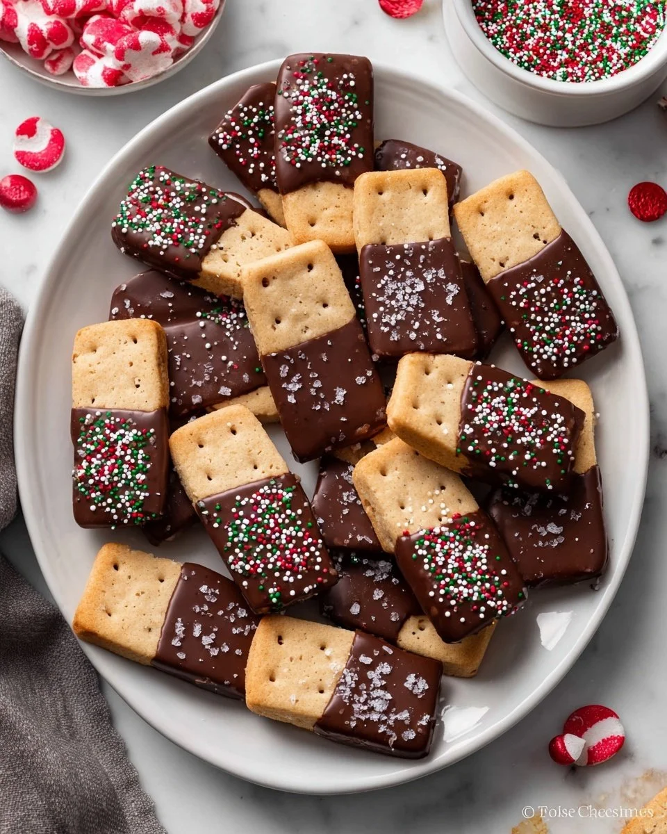 Chocolate dipped shortbread cookies on a decorative plate