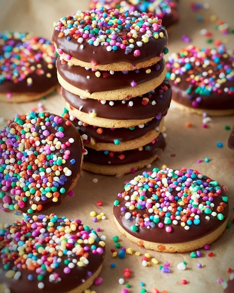 Chocolate-dipped shortbread cookies on a decorative plate