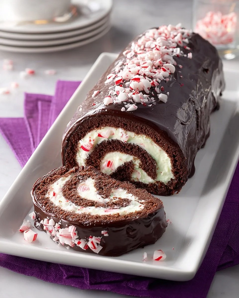 Chocolate Peppermint Log dessert with festive decorations