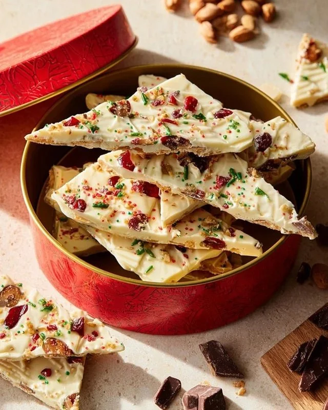 Delicious homemade Christmas Bark decorated for the holiday season