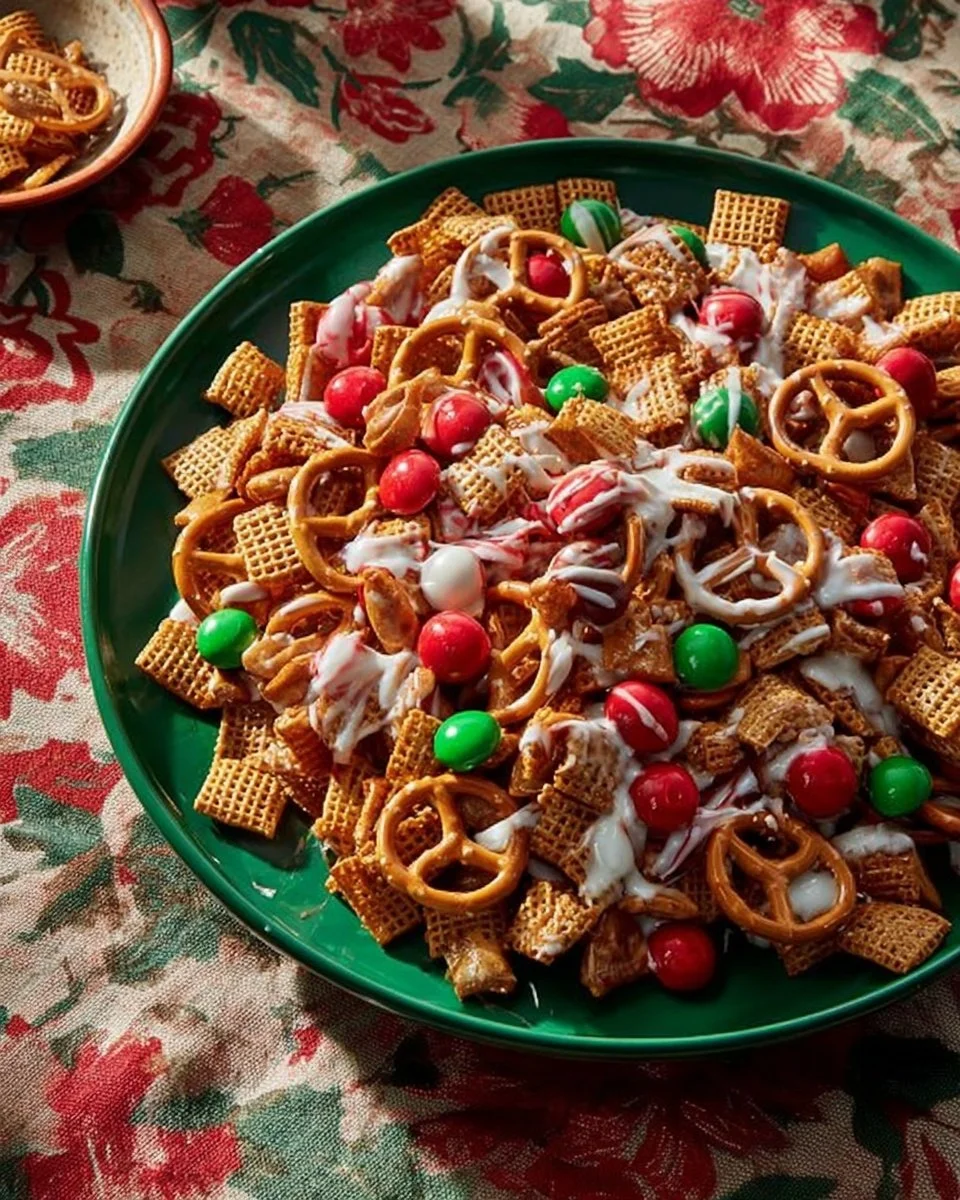 A bowl of Christmas Chex Mix filled with festive snacks and treats.