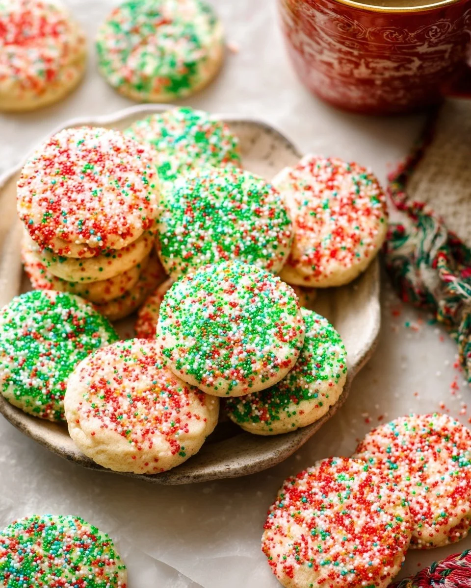 Colorful Christmas sprinkle cookies decorated for the holidays
