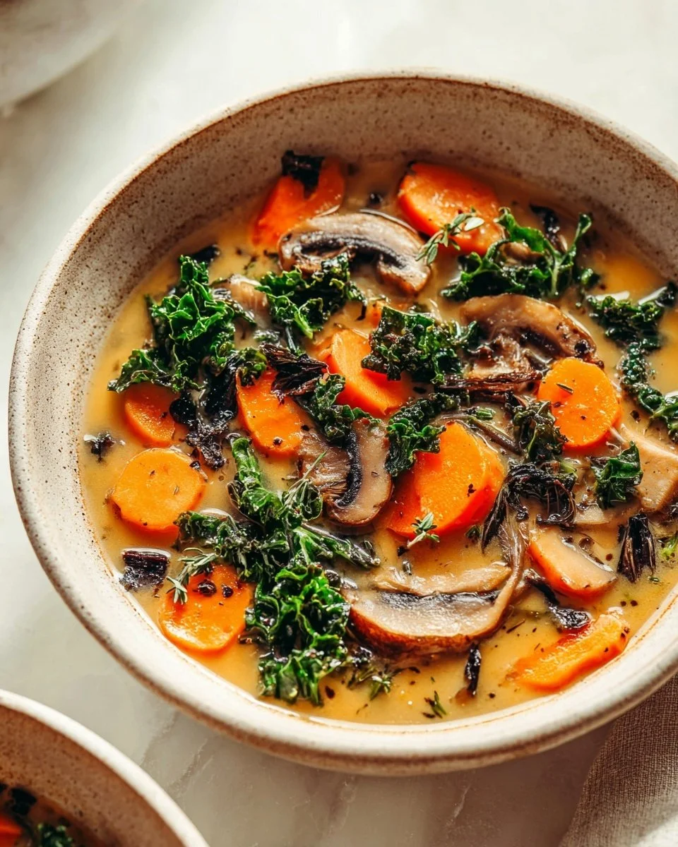 Bowl of cozy autumn wild rice soup with vegetables and herbs
