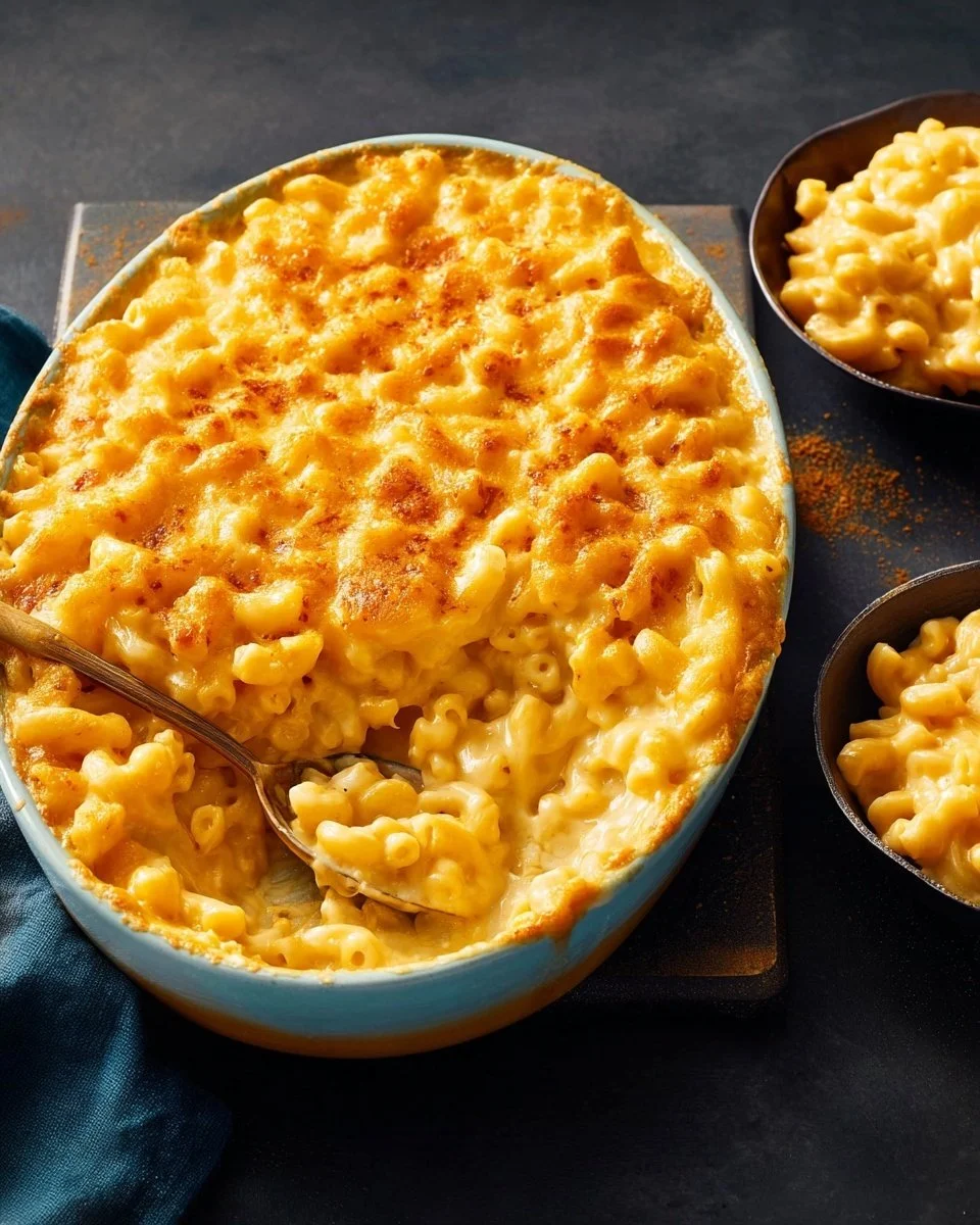 Creamy baked macaroni and cheese in a dish, topped with golden breadcrumbs.