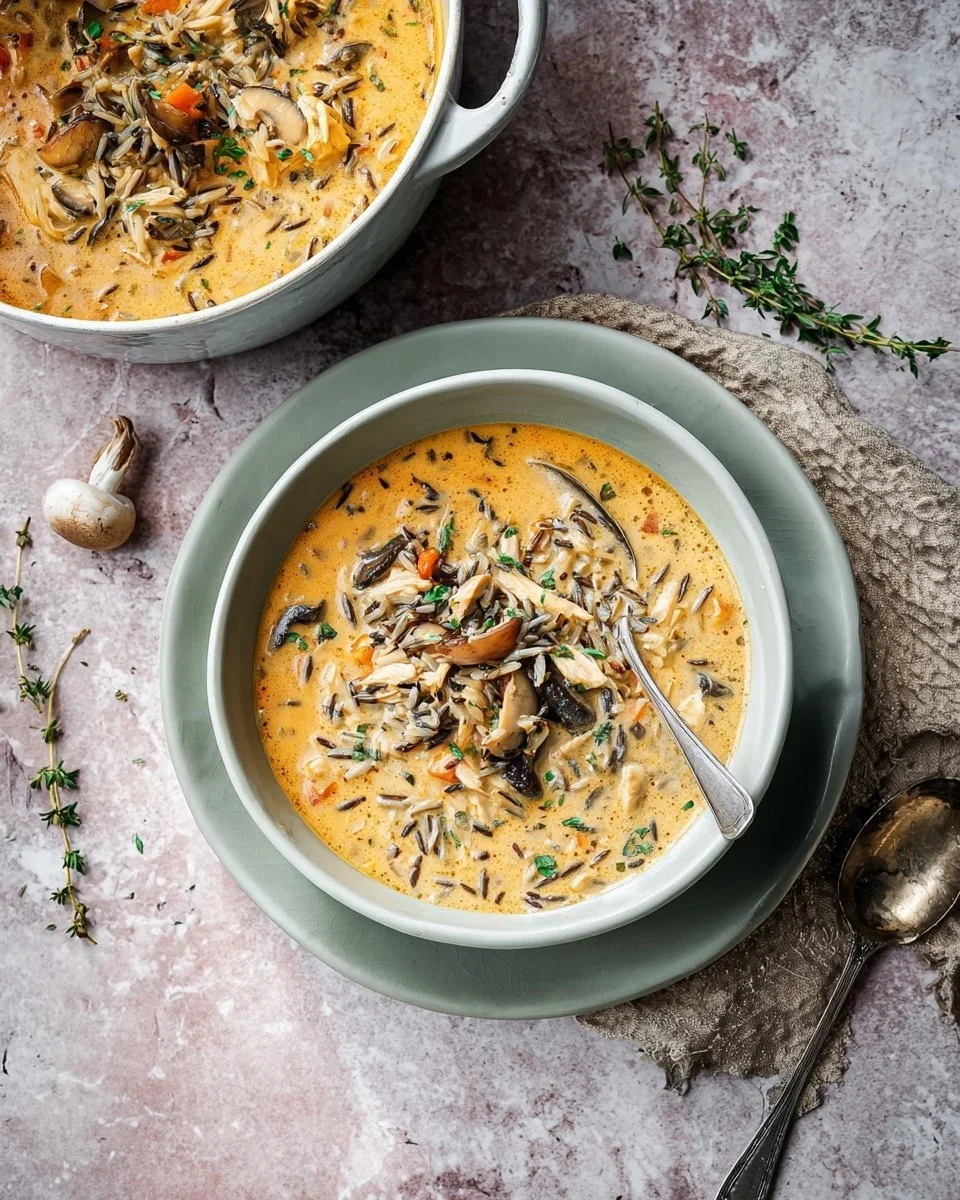 Bowl of creamy Chicken and Wild Rice Soup garnished with herbs.