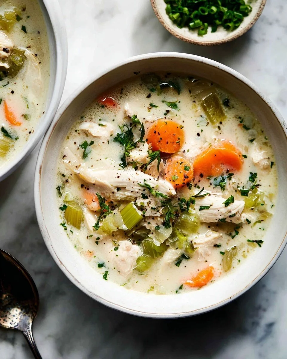 Creamy chicken and wild rice soup in a bowl, garnished with herbs.