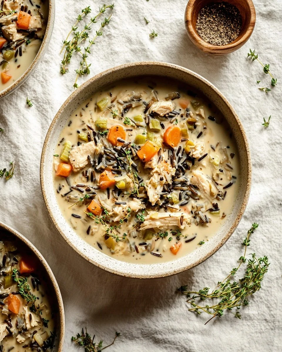 A bowl of creamy chicken and wild rice soup garnished with parsley