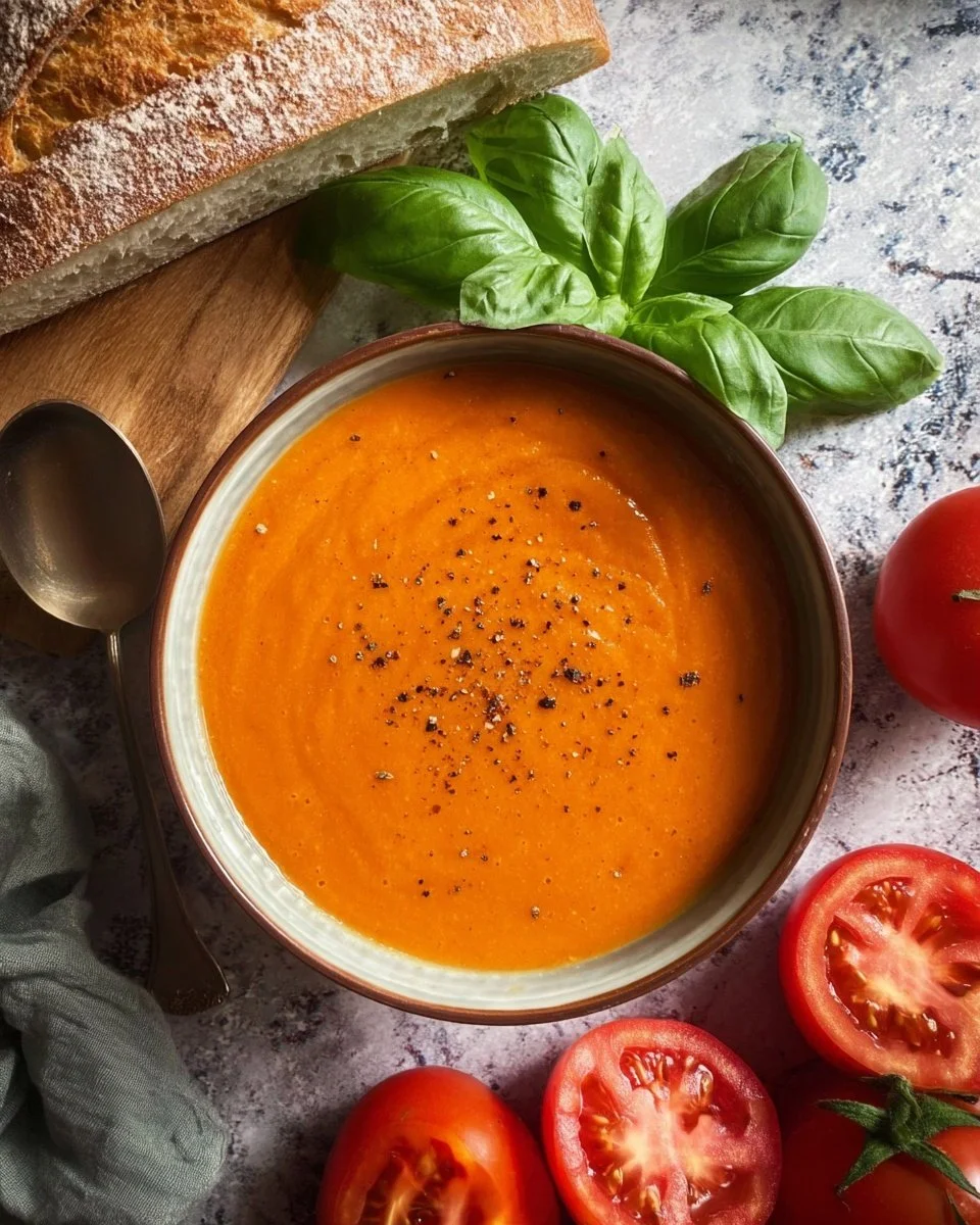 Bowl of creamy roasted tomato basil soup garnished with fresh basil leaves