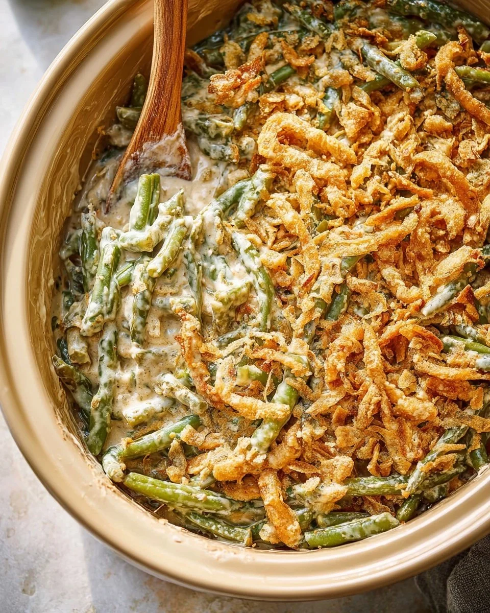Delicious Crockpot green bean casserole served in a dish