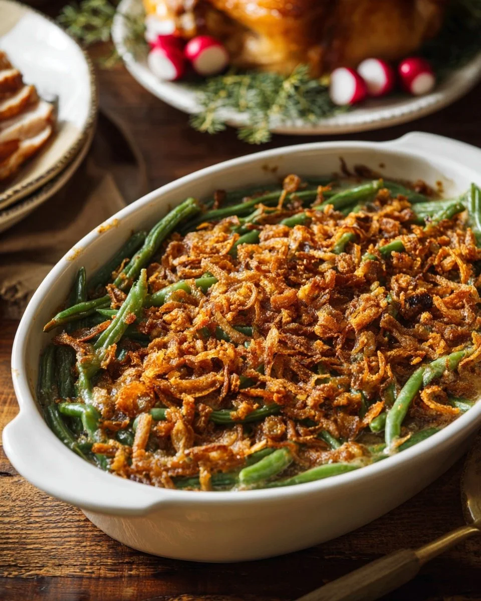 Delicious Crockpot Green Bean Casserole ready to serve from the slow cooker