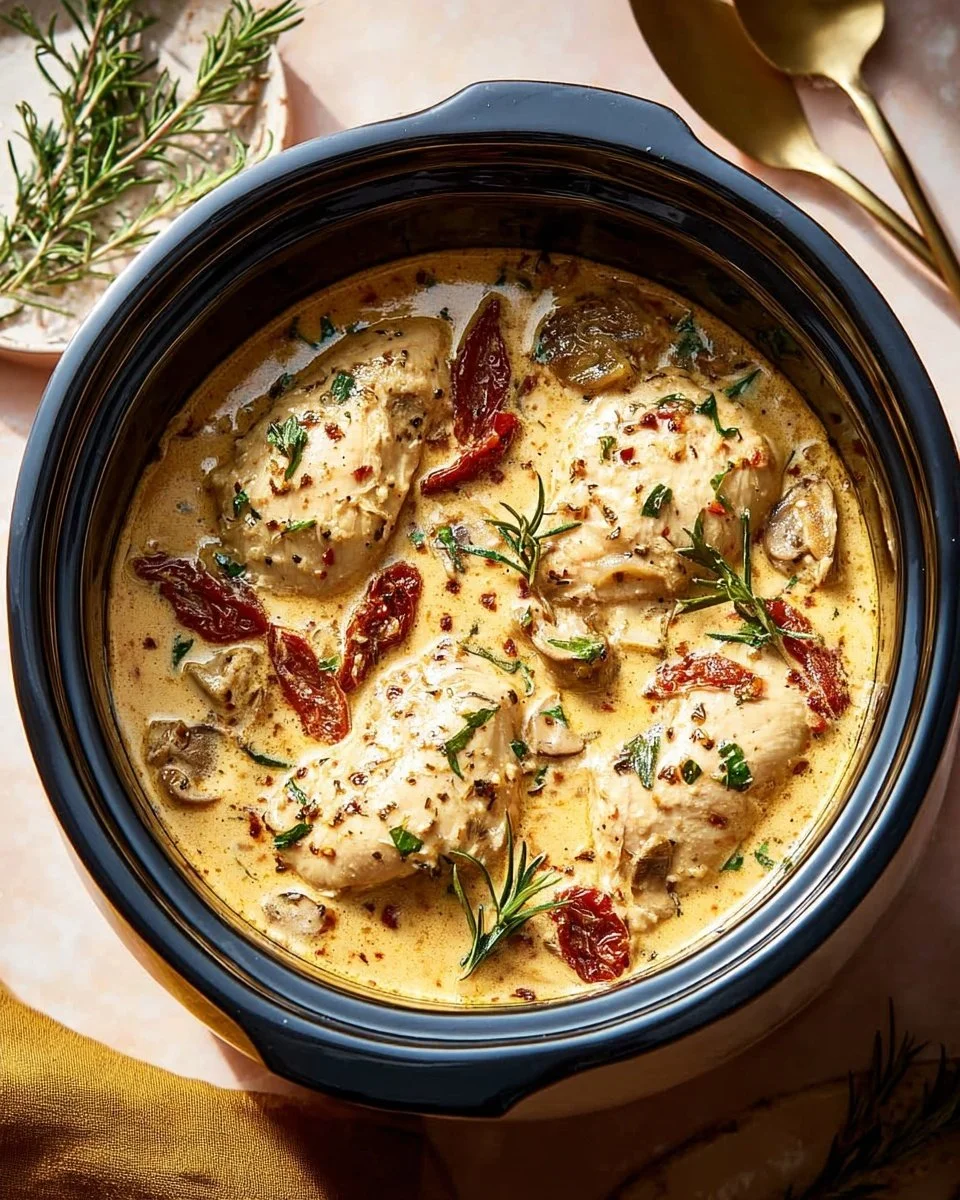 Delicious Crockpot Marry Me Chicken served with herbs and creamy sauce