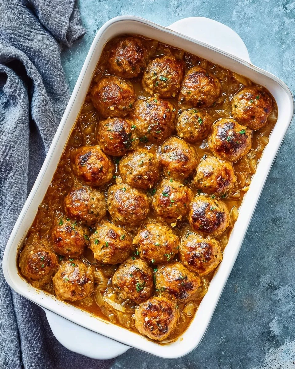 Easy meatball casserole dish with cheese and pasta, ready to serve