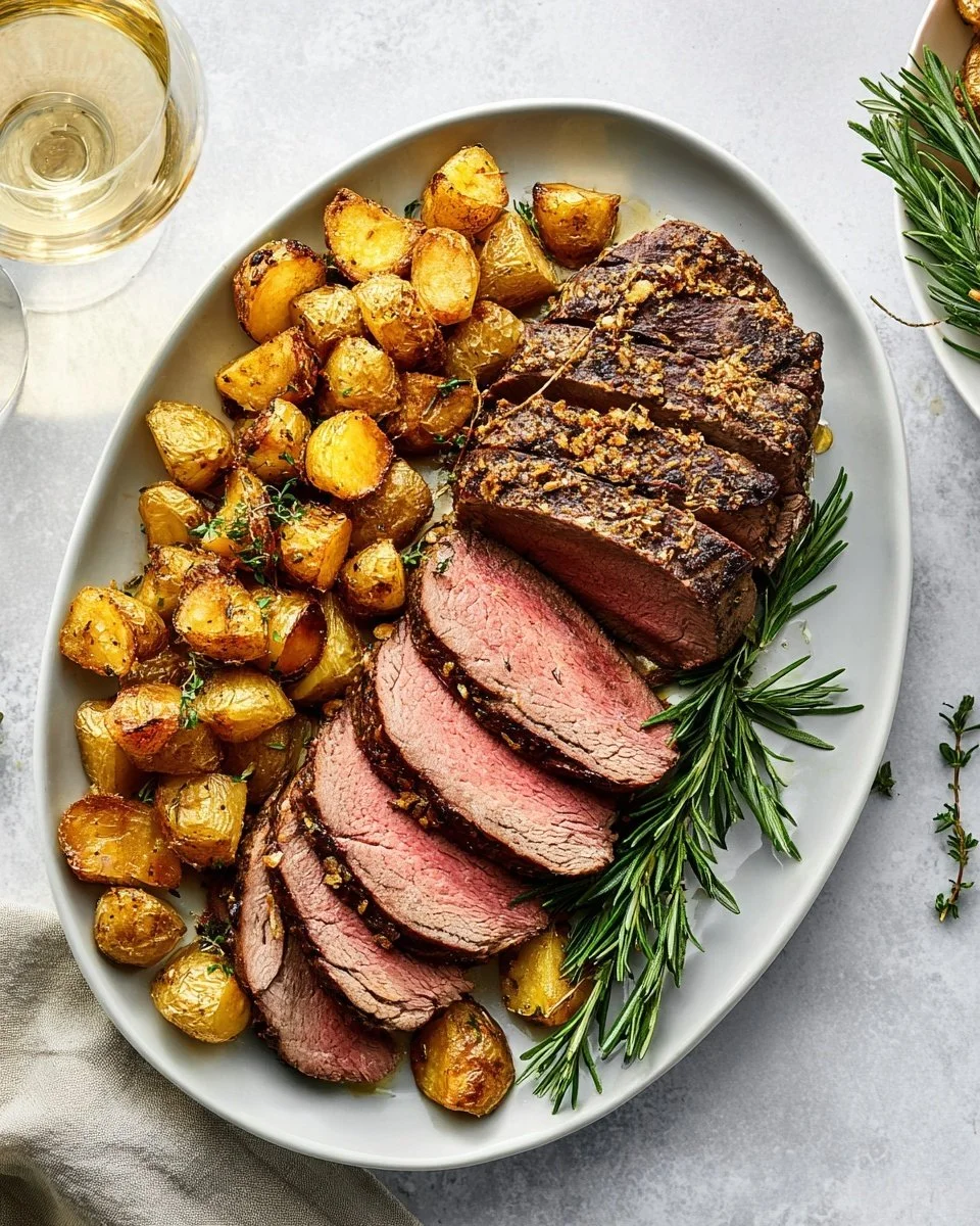 Garlic rosemary beef tenderloin served with herbs and side vegetables