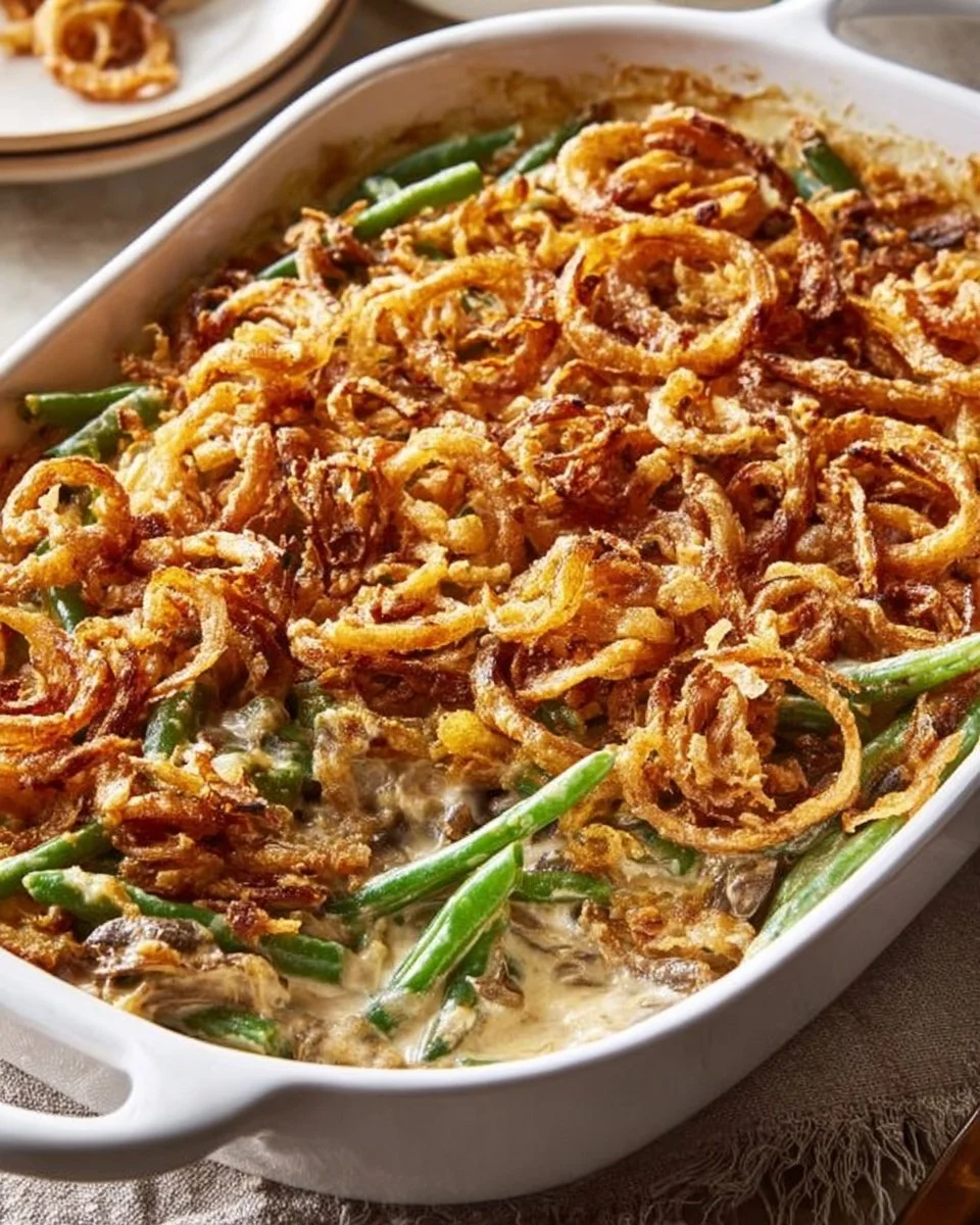 Delicious green bean casserole topped with crispy onion rings