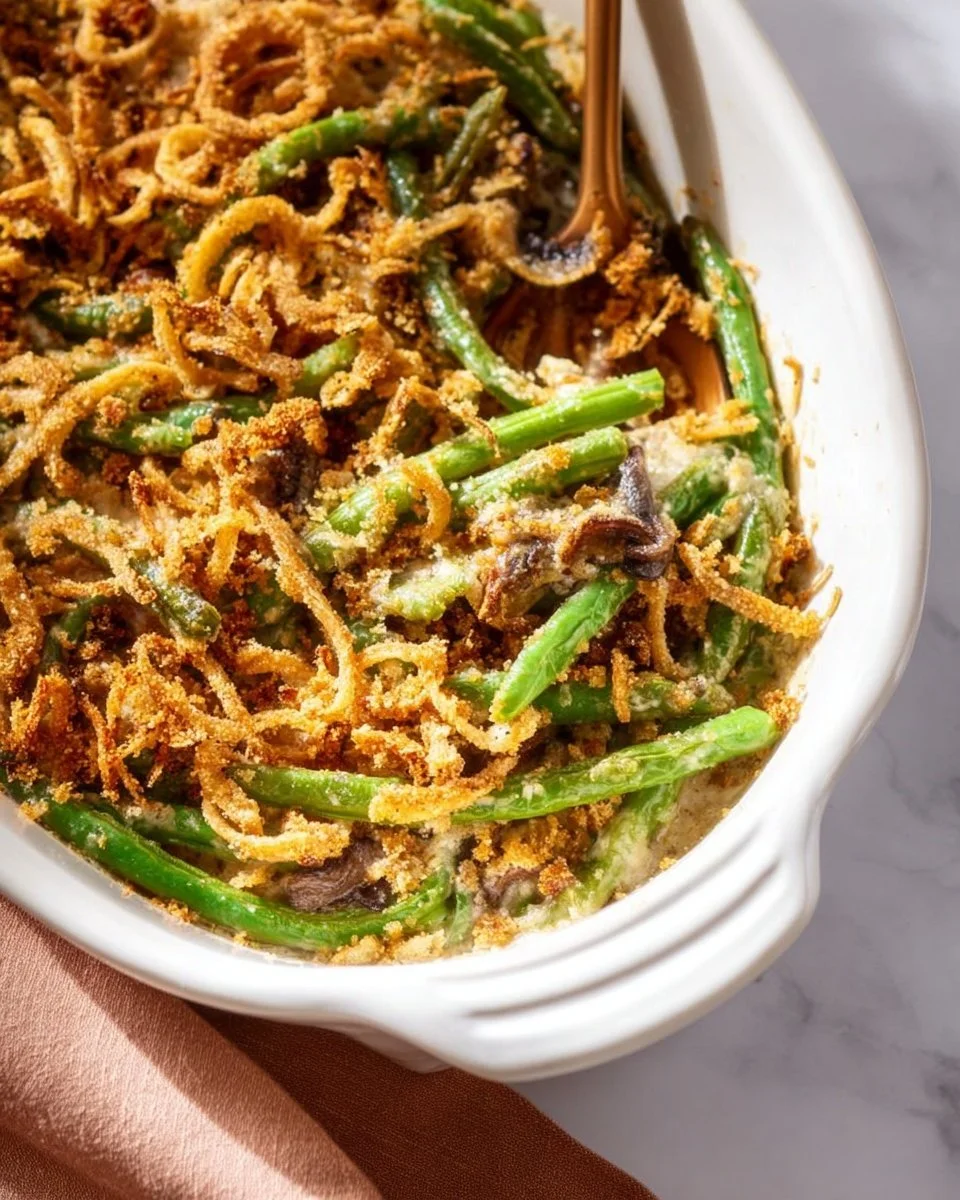 Delicious Green Bean Casserole topped with crispy onions and creamy sauce