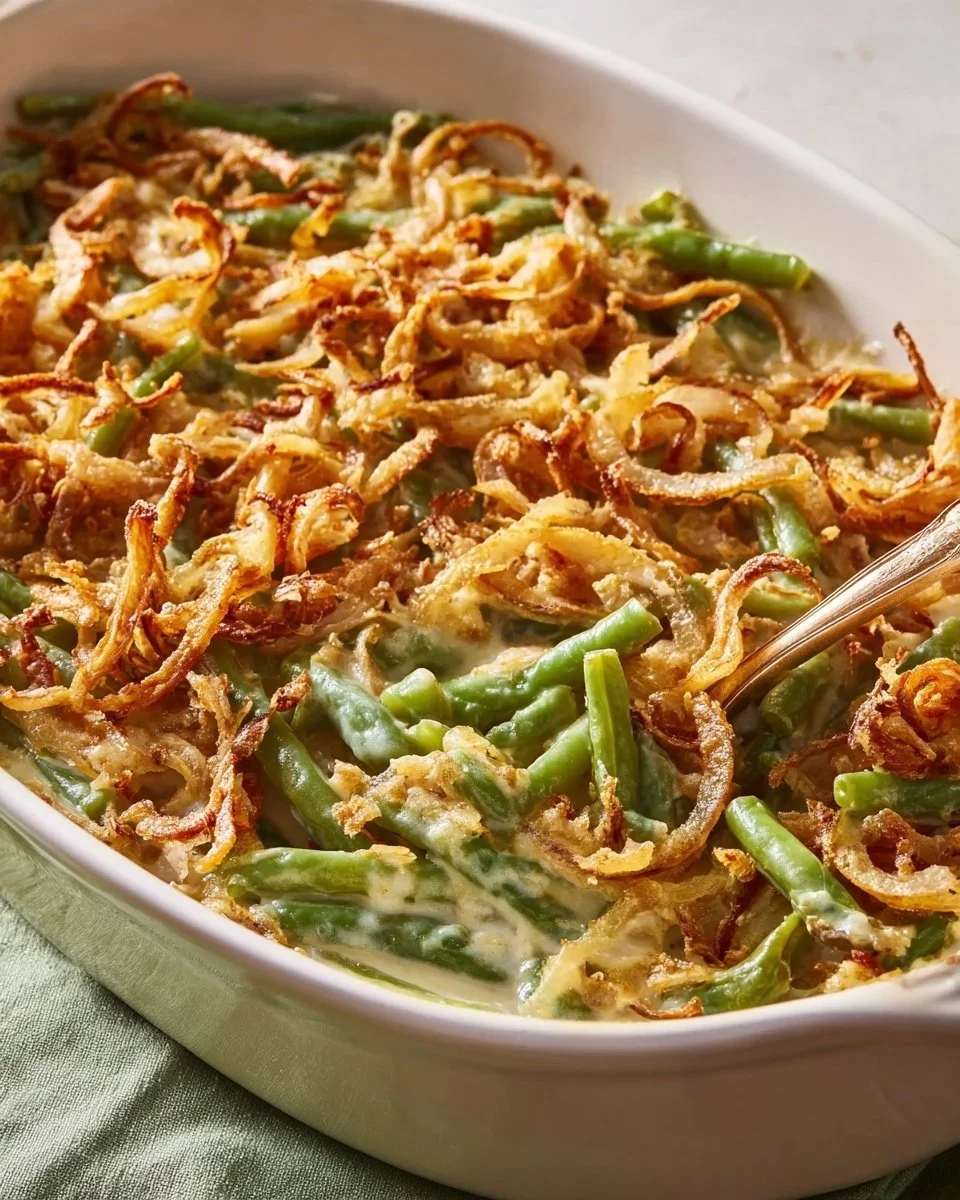 Delicious homemade Green Bean Casserole topped with crispy onion rings.