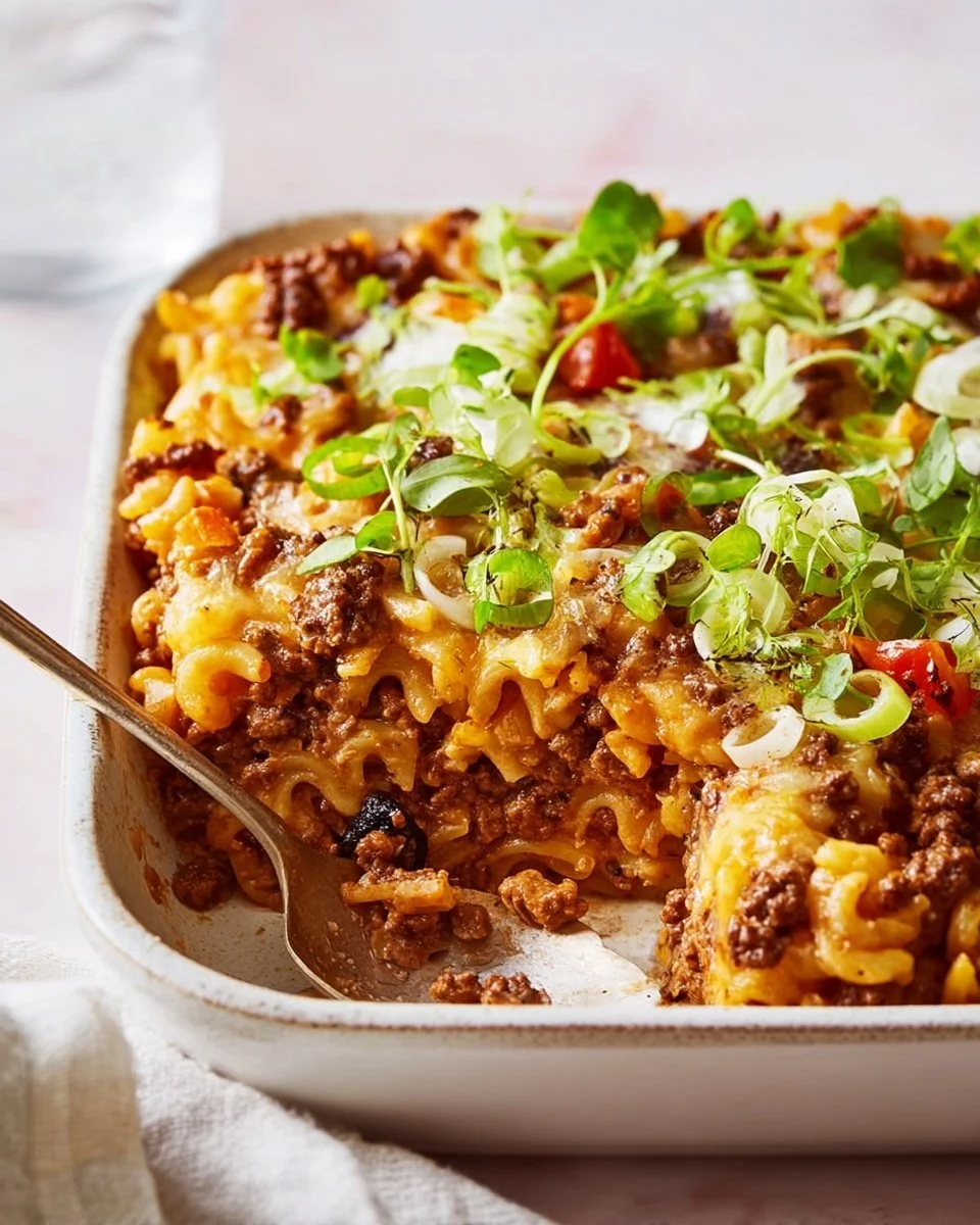 Delicious Hamburger Casserole dish with cheese and spices topped with herbs