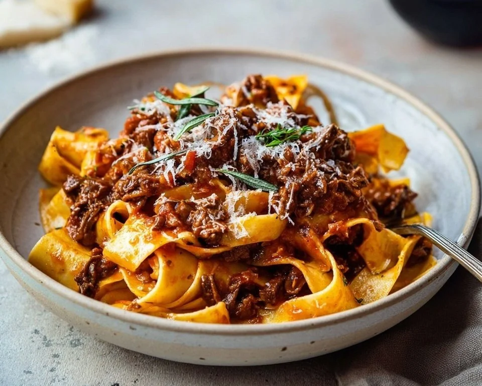 Delicious Italian Beef Ragu served over pasta with herbs and spices