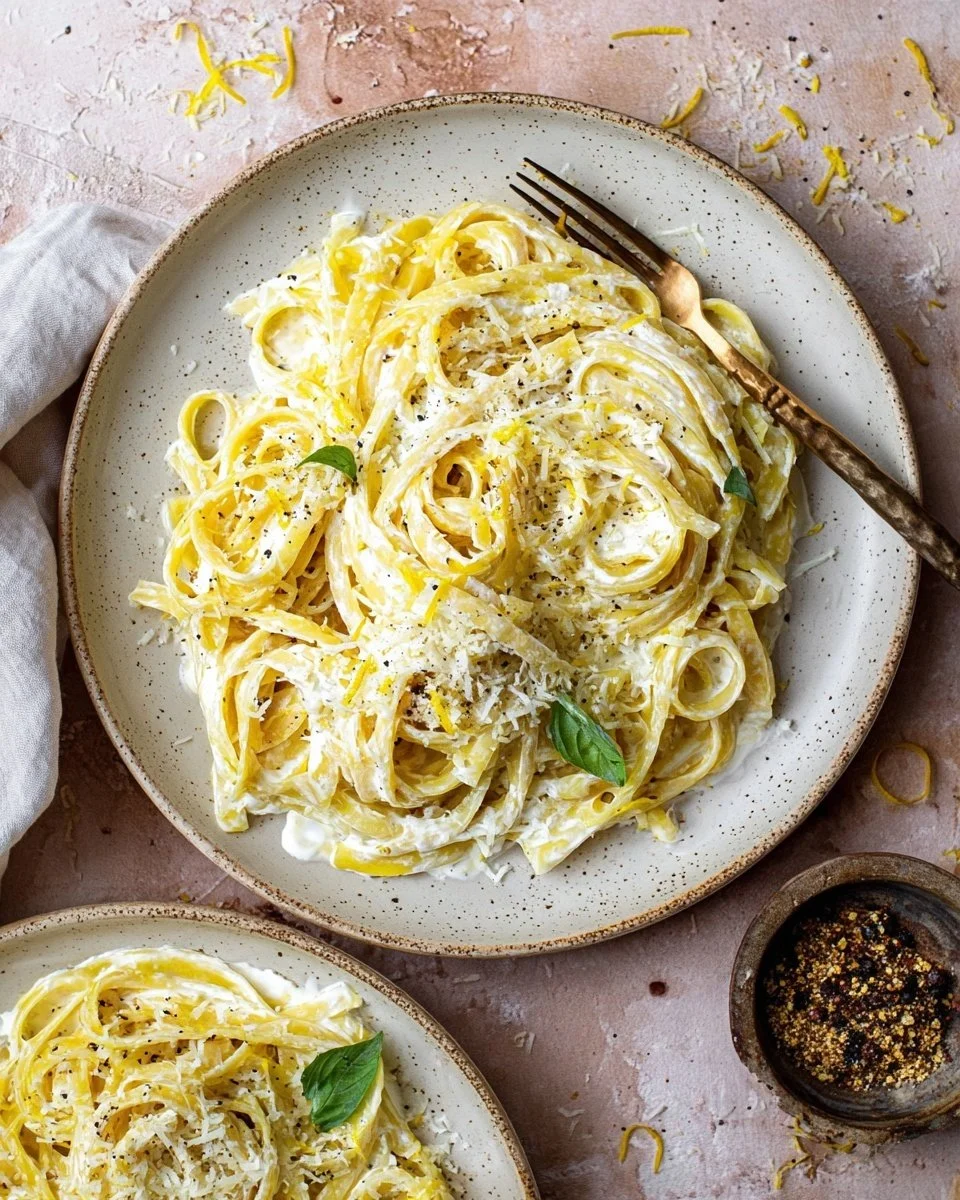 Plate of creamy Lemon Ricotta Pasta garnished with fresh herbs